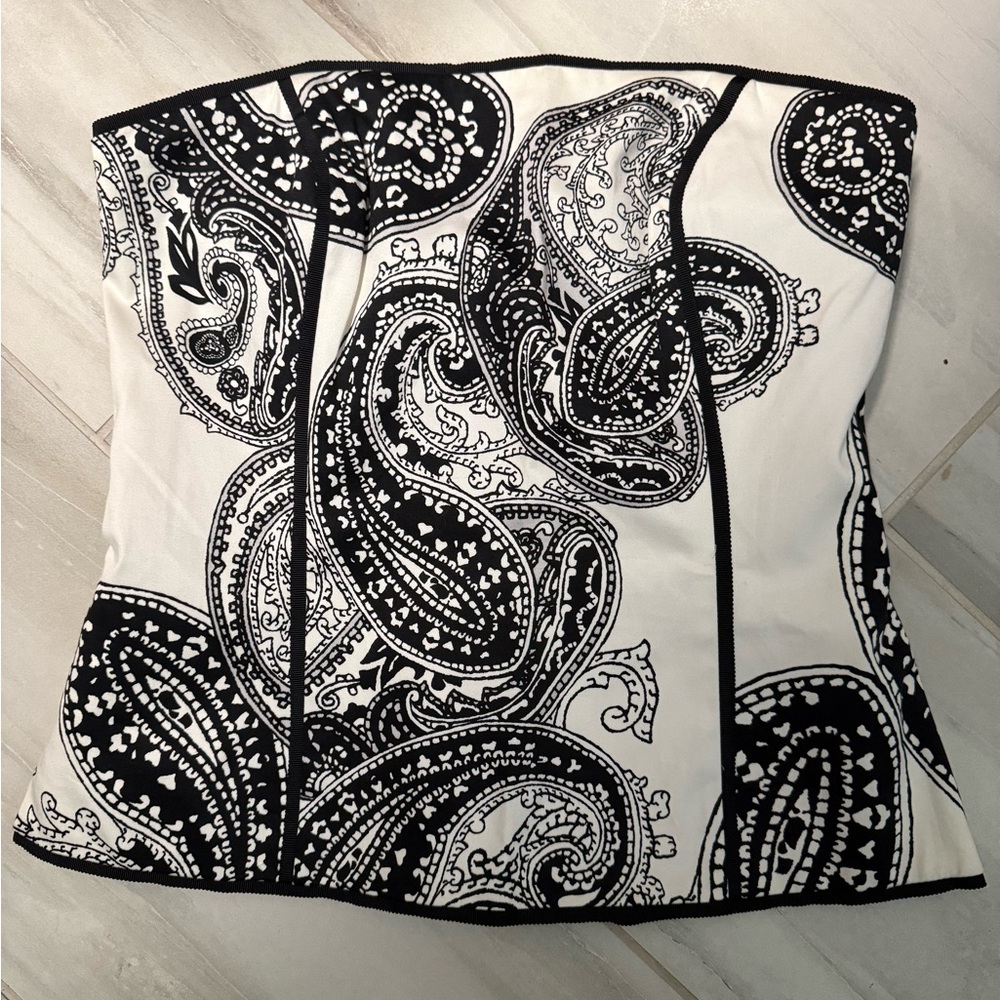 Vintage White House Black Market Black and White Paisley Strapless Corset Top
